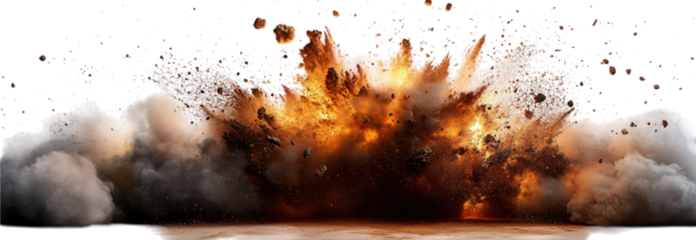 An explosive burst releases intense energy, sending a vivid cloud of smoke and debris into the air, illustrating the power of ammunition in action at an unspecified location