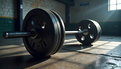 Heavy barbell with black plates on rough gym floor