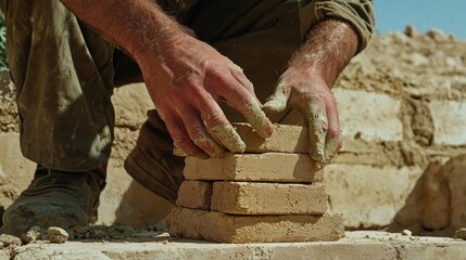 A construction workers hands expertly stacking bricks with precision, cementing each layer.