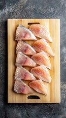 Raw Fish Fillet Slices On Wooden Board