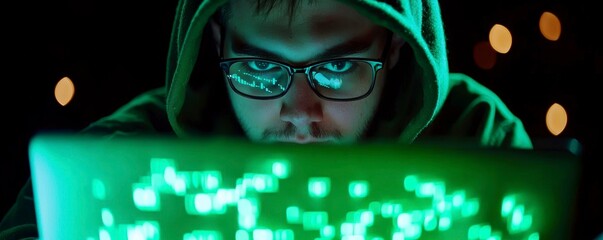 Hooded Figure Analyzing Computer Code On Screen In Dark Room Computer Security Digital Intrusion
