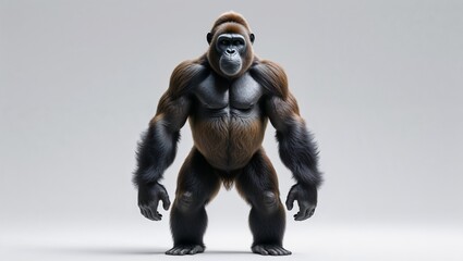 Imposing male gorilla standing on white background