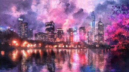 Obraz premium A bustling city skyline features towering buildings aglow with colorful lights during twilight. Reflections shimmer on the calm water below, creating a serene yet lively ambiance