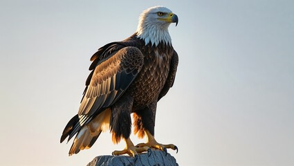 Obraz premium Majestic bald eagle perched on wooden post at sunset