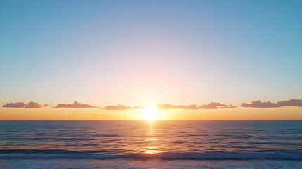 Fototapeta premium Sunset Over Ocean Horizon With Orange Sun Reflection on Water Under Blue Sky and Floating Clouds