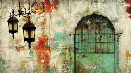 Illustration - Vintage Door, Wall, Lanterns, Grunge, Texture, Architecture, Abstract, Background, Design