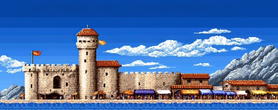 Fortified Coastal Town with Market and Tower View in Daytime Pixel Art Style Illustration