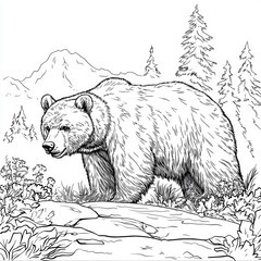 black and white wildlife sketch bear coloring page bear coloring page bear coloring page for adults and kids forest wildlife line art mountain animal coloring book  printable bear art for kids