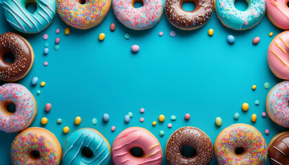 Delicious colorful donuts framing the image with sprinkles on a light blue background studio wallpaper