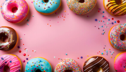 Delicious pink donuts framing the image with sprinkles on a pink background studio wallpaper