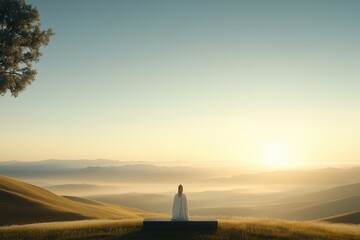 Serene meditation at sunrise in an open landscape with rolling hills in the background