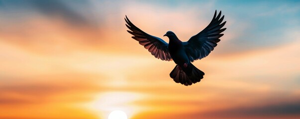 Dove Flying Freely Against the Backdrop of a Vibrant Sunset Sky Peace and Serenity in Nature