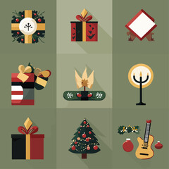 Retro Christmas Vector Illustration with Gifts Tree and Guitar Designs