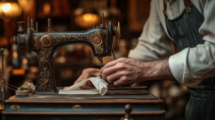 Skilled artisan sewing with vintage machine in a workshop