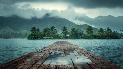 A wooden pier is in front of a body of water with a cloudy sky above