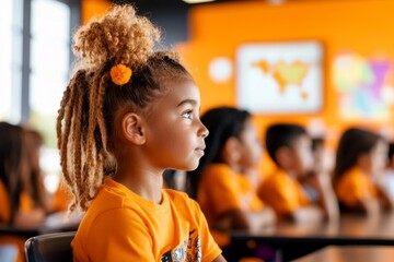 A classroom with students learning about Hispanic heritage, with maps, flags, and cultural artifacts displayed around the room