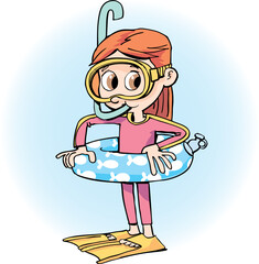 girl diver with a life belt before entering the sea