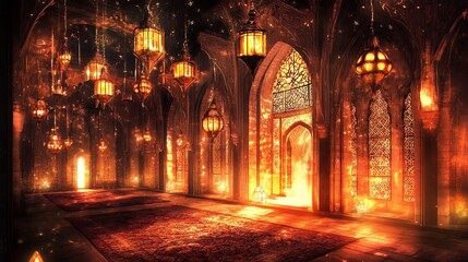 Fototapeta premium Illustration of Grand Hall Interior Lit by Ornate Lanterns