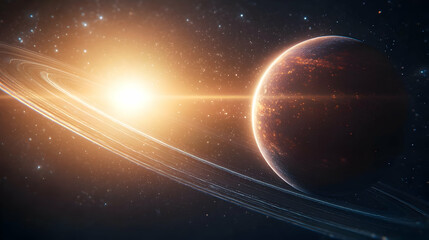 Luminous Sphere Planet Surrounded By Bright Starry Rings Against Dark Space Background