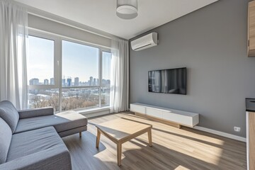 Fototapeta premium Modern, bright apartment living room with city view.