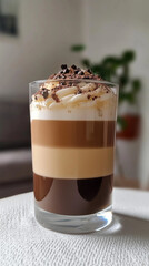 A mocha mousse-infused cold brew, styled with frothy layers in a clear glass