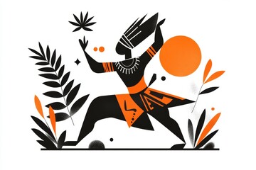 A clean illustration of a tribal dancer mid-step, with flowing regalia and bold lines, highlighted on a plain white background