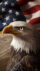 Naklejka premium Bald Eagle Symbol of American Freedom with Stars and Stripes Flag in the Background Patriotic Image