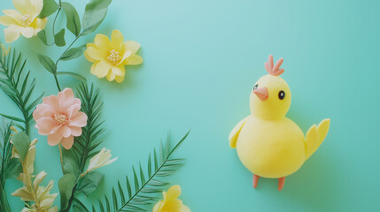 Adorable Yellow Chick with Spring Flowers on a Pastel Blue Background