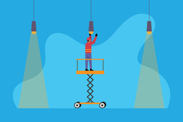 Fototapeta premium Electrician Changing Ceiling Light Bulb on Scissor Lift — Maintenance Work 2d flat vector illustrations