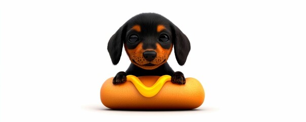 Fototapeta premium Adorable Puppy Resting Peacefully on a Hotdog Shaped Bed with Mustard, Pet Comfort, and Sweet Dreams