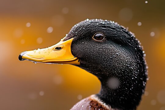 A close-up of a duck face with droplets of water on its feathers, captured in a farm pond setting