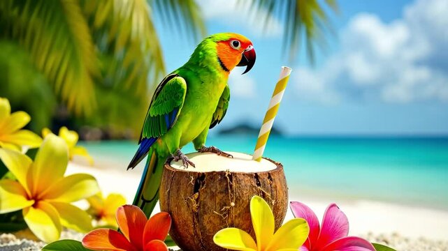 A colorful parrot sits on a coconut drink among vibrant flowers on a sunlit beach