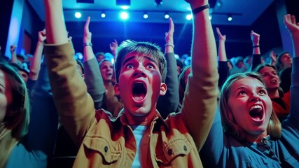 Students watching a thrilling scene at the cinema
