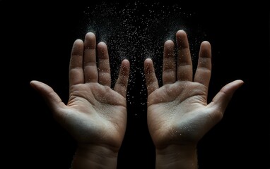 A person is deeply praying with their hands outstretched in the dark