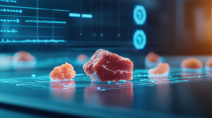 Young scientist with a futuristic concept, Futuristic lab showcasing lab grown meat with advanced technology