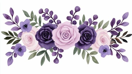 Watercolor Floral Arrangement with Lavender Roses and Purple Accents for Decoration and Invitation Design