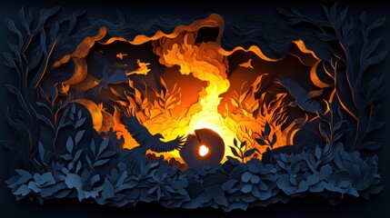 Intense Fire Illuminates Dark Forest Creating Dramatic and Fiery Scene