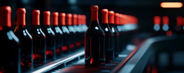 Fototapeta premium Streamlined Bottling Line Flowing with Dark Red Liquid Wine on an Automated Manufacturing Conveyor