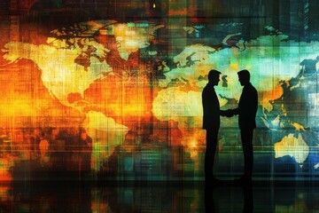 In front of a globe, two businessmen are engaged in a handshake