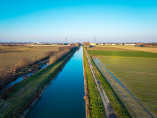 Aerial view, taken by a drone, of some plowed fields in the countryside near the city of Novara (Piedmont Region, Northern Italy); this country area is famous for valuable rice species cultivation.