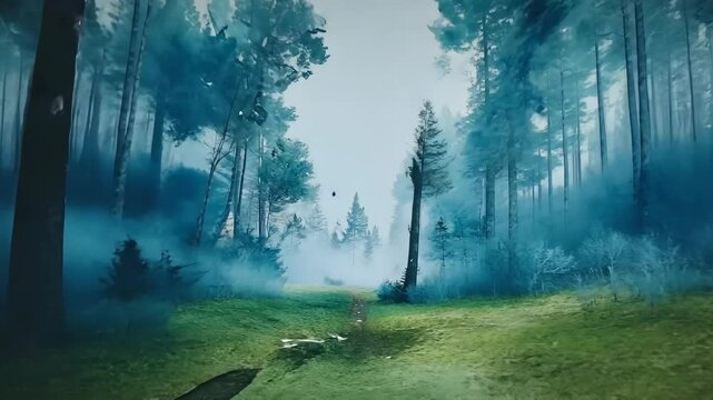 Enchanting watercolor painting of a misty forest with tall trees and wildflowers