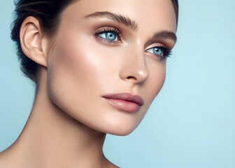 Fototapeta premium Woman's face, blue eyes, beauty, skincare, pastel blue background, cosmetic ad