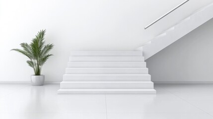 Fototapeta premium Minimalist white staircase interior with a potted plant, showcasing modern architectural design and simplicity.