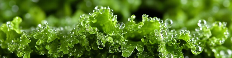 Close-up of Vibrant Green Lettuce Leaves with Reflective Water Drops, Fresh Produce Background