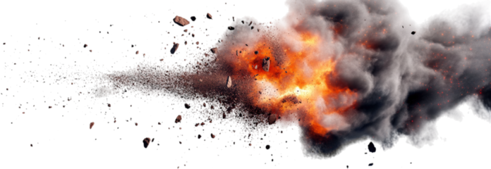 An explosive burst releases intense energy, sending a vivid cloud of smoke and debris into the air, illustrating the power of ammunition in action at an unspecified location