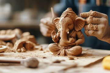 A detailed close-up of a clay Ganesh idol being sculpted by an artisan, showcasing intricate carvings and bright colors