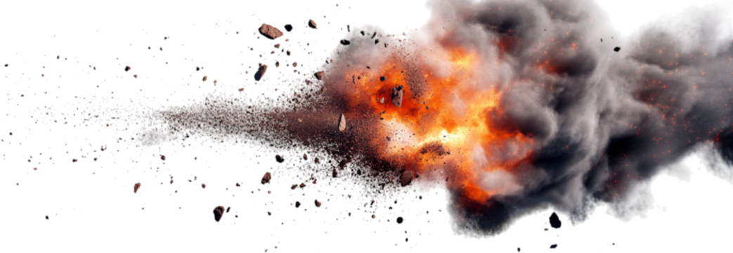 An explosive burst releases intense energy, sending a vivid cloud of smoke and debris into the air, illustrating the power of ammunition in action at an unspecified location
