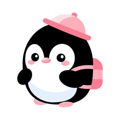 Cute penguin wearing pink backpack and hat ready for school or travel