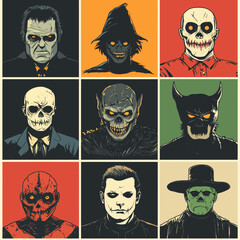 Spooky Halloween Monster Character Collage, Horror Icons, Scary Portraits