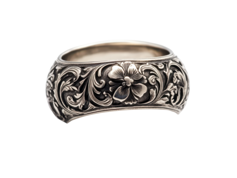 Isolated Silver Ring with Floral Carvings
